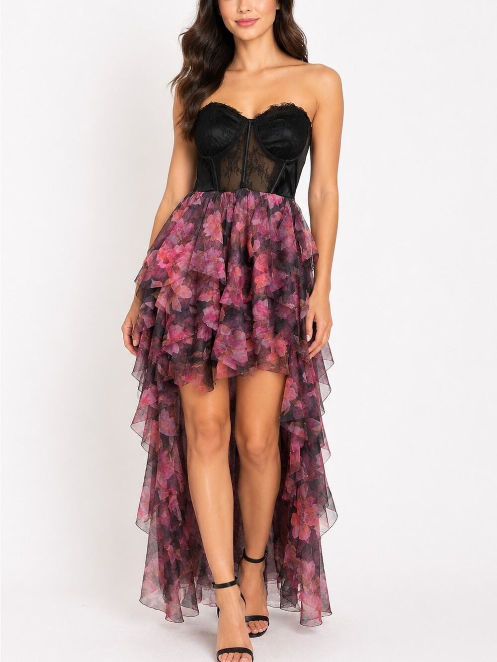 Thirty Thirty LA Strapless High Low Floral Dress Black Pink Lace Bodice Size M